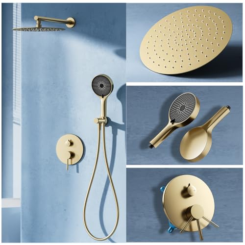 Sistema De Ducha Empotrado Oro Cepillado, Latón Columna de Ducha, 2 funciones Juego De Ducha Con 30X30 cm Cabezal de Ducha de Lluvia, 3 Modos Ducha de Mano, Montaje en Pared Apto para baño
