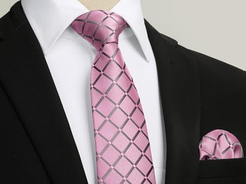 Image of Enlision Ties for Men Plaid Stripe Tie Handkerchief Woven Classic Formal Necktie Pocket Square Clip Set