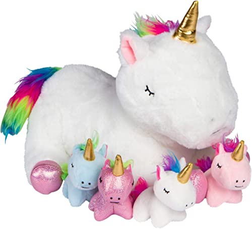 PixieCrush Unicorn Stuffed Animals for Girls Ages 3-8 - Mommy Unicorn with 4 Baby Unicorns - Magical Unicorn Pillow Plushie - Enchanting Stuffed Unicorns