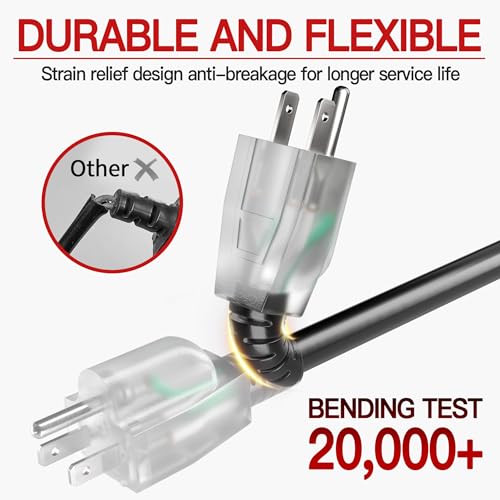 Image of 6 FT 14 /3 Extension Cord Outdoor, Heavy Duty Weatherproof & Flame Retardant Black 3 Prong Power Cord with Light, Outside for Lawn & Garden, 15 Amps 1875 Watts 125 VAC 14AWG SJTW, ETL Listed