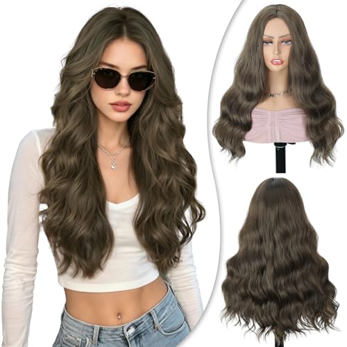 Image of Creamily Long Brown Wigs For Women,22 Inch Body Wave Synthetic Wig With Middle Part, Natural Looking Heat Resistant Fiber Hair Wig For Daily Party Use (Brown,22 Inches)