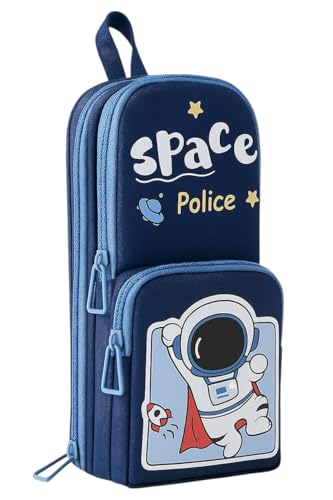 Image of Premium Canvas Pencil Case Hang able 6 Layer with 3 Compartment Cute Aesthetic Pencil Case Large Capacity Pencil Pouch for Kids (Space Police Blue)