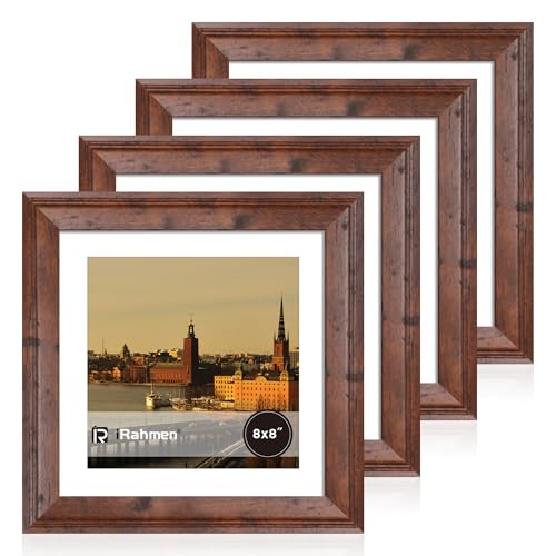Image of iRahmen 8x8 Vintage Picture Frame with Mat 6x6 - High Definition Real Glass Wooden Photo Frames for Tabletop Display and Wall Mounting (Brown, Set of 4)