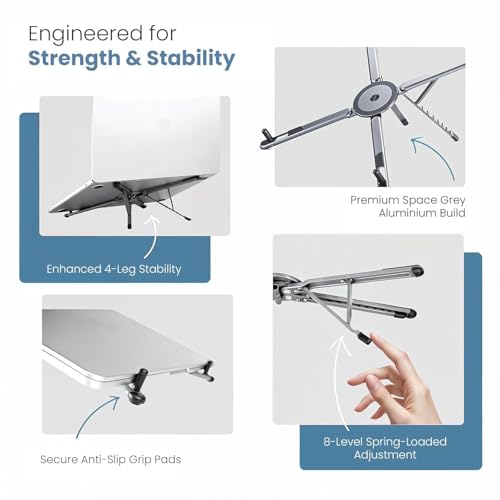 Image of Tobo Aluminium Alloy Folding and Height Adjustable Stand Compatible with Laptop, Mobile and Tablet, with Magnetic Feature for Phone, Titanium Grey, Anodized Finish, 8 Height Levels TD-1612S