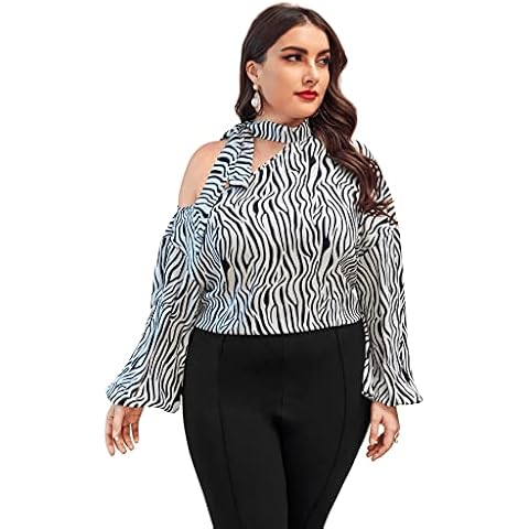 Floerns Blusa de cuello asimétrico con estampado a rayas y manga de obispo para mujer Cover