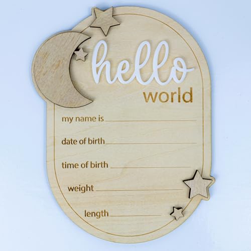 Image of Baby Announcement Sign Star, 6.5 Inch Wooden Hello World Newborn Welcome Sign Birth Name Plaques for Photo Props Baby Shower Hospital Nursery (A62)