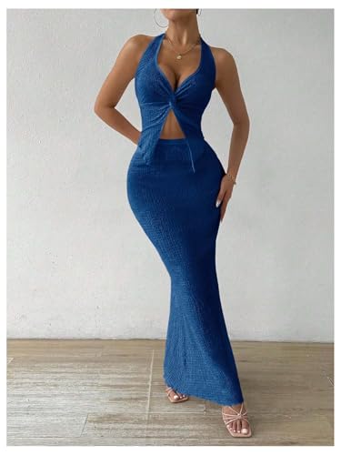 Image of SOLY HUX Women's Two Piece Outfits Twist Front Halter Cami Tops and Skirt Summer Set