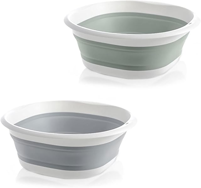 Collapsible Round Washing Up Bowl26CM Multipurpose Folding Travel Camping Hiking Caravan Portable Wash Up Bowl Foldable Shopping Bag Home Kitchen Space Saving Storage Container (2 PCS Grey+Blue)