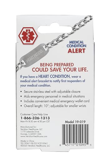 Thera|Care Heart Medical ID Bracelet | Stainless Steel Chain Link Bracelet | 10” Adjustable for Smaller Wrists