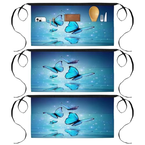 Lot de 3 demi-tabliers courts multicolores avec 3 poches pour serveurs et cuisine