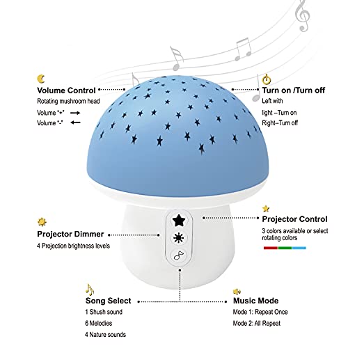 Baby Sleep Soother Shusher, Mushroom Baby White Noise Sound Machine with Moon and Star Projector, Portable Baby Sleep Aid Must Have Essentials for New Born, 4 Nature Shushes 7 Calming Melodies (Blue)