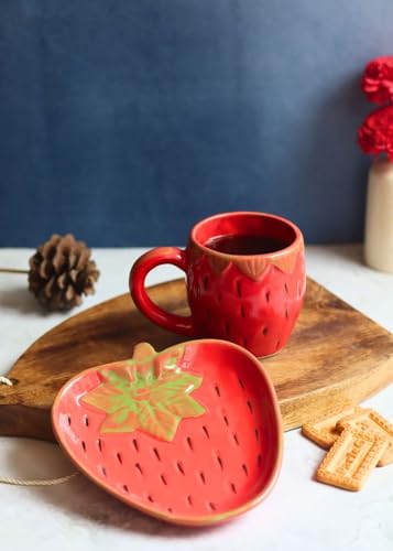 Image of WEAVING HOMES Handcrafted Ceramic Mug 250ml & Dessert Plate Set Strawberry Design Microwave Safe to Gift to Best Friend and Love Og Strawberry Mug & Dessert Plate (Set of 2, Multicolor)