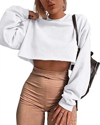 Artfish Women s Crewneck Long Sleeve Workout Casual Cropped Teen Loose Sweatshirts White S
