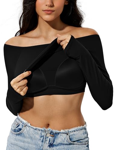 ZeroBound Built in Shelf Bra Off Shoulder Tops - Long Sleeve Off Shoulder Crop Shirts for Women, Basic Going Out Tops