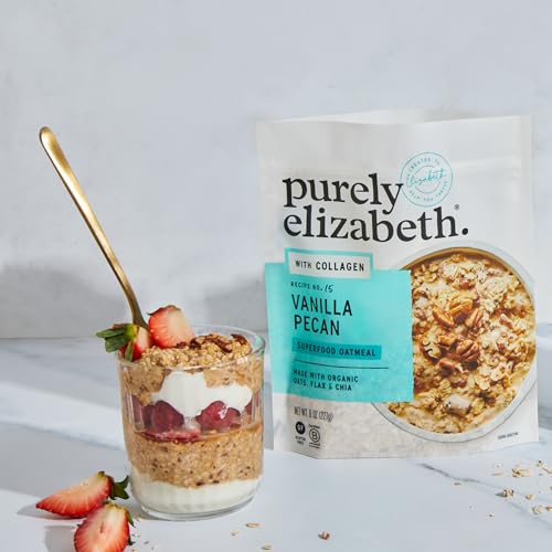 Image of Purely Elizabeth Collagen Oatmeal, Vanilla Pecan, Made with Organic Oats, Amaranth, Quinoa, and Chia Seeds, Gluten-Free, Non-GMO (3ct, 8oz Bags)