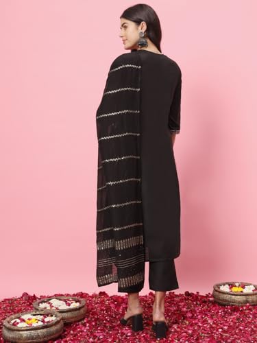 Image of VredeVogel Women's Cotton Blend Kurta Pant Set with Chanderi Silk Embroidery Dupatta