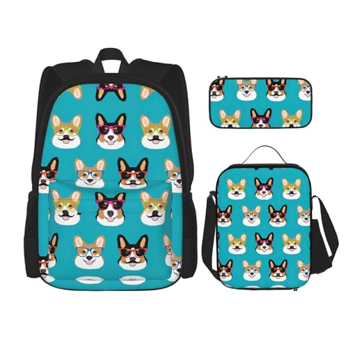 Cute Corgi Glasses And Mustaches Print 3 Piece Set Backpack, Lunch Bag, Pencil Case, Cute Sturdy For College And Travel