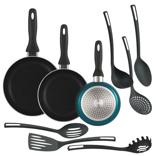 Well Home Set de 3 Sartenes Ø16Ø20Ø24cm de Aluminio prensado en Azul metalizado + 6 Utensilios de cocina en PBT color Negro