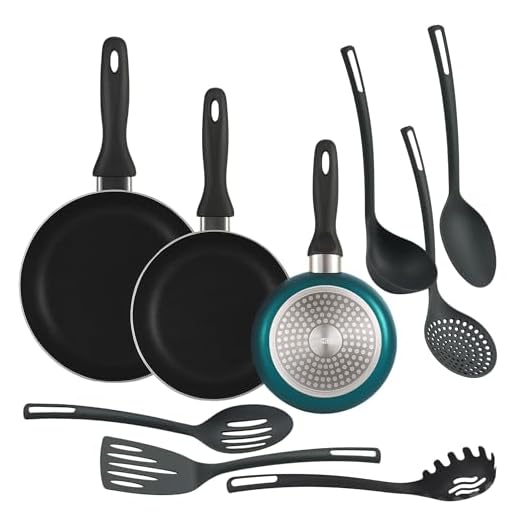 Well Home Set de 3 Sartenes Ø16Ø20Ø24cm de Aluminio prensado en Azul metalizado + 6 Utensilios de cocina en PBT color Negro