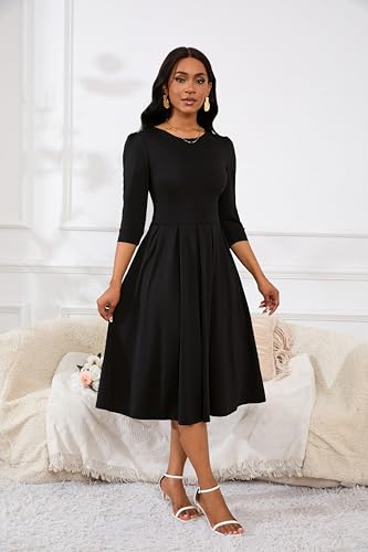 Yajedo Womens Casual Midi Dress Fashion 3/4 Sleeve A Line Crew Neck Flowy Swing Trendy Dress4