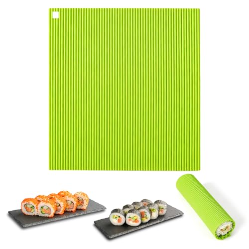 Tapete de sushi con ruedas de silicona verde, tapete de sushi reutilizable para cocineros caseros y principiantes, rodillo de sushi flexible con agujero para colgar, herramienta de cocina fácil de