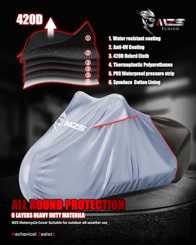 Image of MZS Motorcycle Cover Waterproof Outdoor, Heavy Duty All Season Weather Protection with Cotton Lining Vents Night Reflective Lock Holes Storage Bag fits up to 96 inch Motorcycle Powersports Vehicle Cover