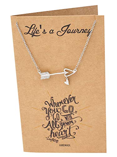 Quan Jewelry Arrow Necklace With Heart Charm Sideways Arrow Pendant, Graduation Gifts Dream Necklace With Inspirational Quote Greeting Card, Adjustable Chain 16" To 18" Silver Tone #TOP1