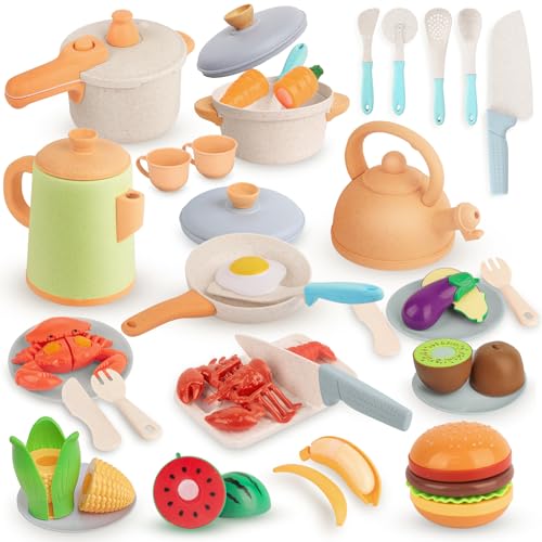 Image of TUEHUTDE 50PCS Play Kitchen Accessories, Kids Kitchen Toy Toddler Cooking Playset with Play Pots and Pans, Kettle, Cups, Utensils Cookware Toys, Play Food, Toy Vegetables Fruit Gift for Girls Boys