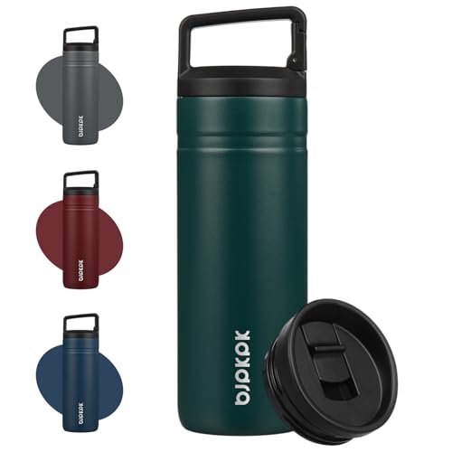 Image of BJPKPK 20 oz Insulated Travel Water Bottle, Coffee Tumbler Stainless Steel | Double Wall Vacuum, Leakproof, Thermal, Keeps Hot /Cold, Dishwasher Safe, Spill Proof, Wide Mouth, 2 Lids, Dark Green