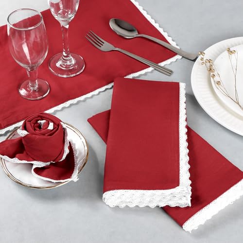 Image of FINGERCRAFT Lace Trim Cloth Napkins Set of 12, 20x20 Inch 100% Cotton Dinner Napkins, Reusable Washable Table Napkins for Wedding, Farmhouse Dining, Parties & Home Decor (Tango Red)