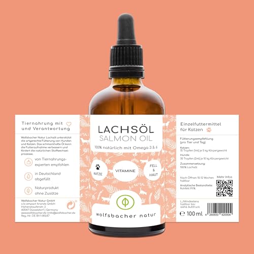 Lachsöl für Katzen mit Omega 3 & 6 I 100ml norwegisches, natürliches Lachs-Öl aus Atlantik-Meer-Lachs I Hochdosiertes Ergänzungsmittel für Katzen