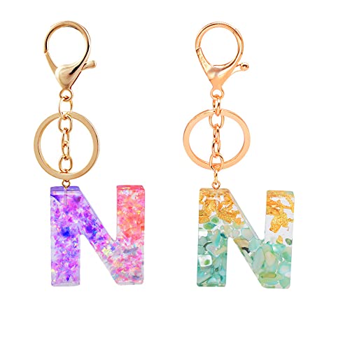 2Pcs Porte-clés, Porte-clés en résine, Porte-clés à lettres avec fleurs, Alphabet A-Z Key Ring pour les femmes Cadeaux d’anniversaire de fille (Alphabet N) Cover