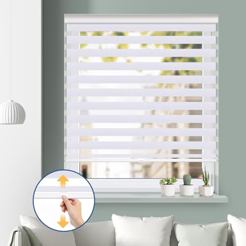 Grandekor Cordless Zebra Blinds for Windows Free-Stop, Roller Windows Shades with Dual Layer Sheer Window Treatments Room Darkening Day and Night Light Filtering Window Shades, White, 36\" Wx72 H