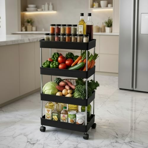Image of Umite Chef 4 Tier Kitchen Trolley Organizer with Wheels | Multipurpose Storage Rack | Vegetable & Fruit Basket Stand | Rolling Utility Cart for Kitchen, Bathroom, Office - Black