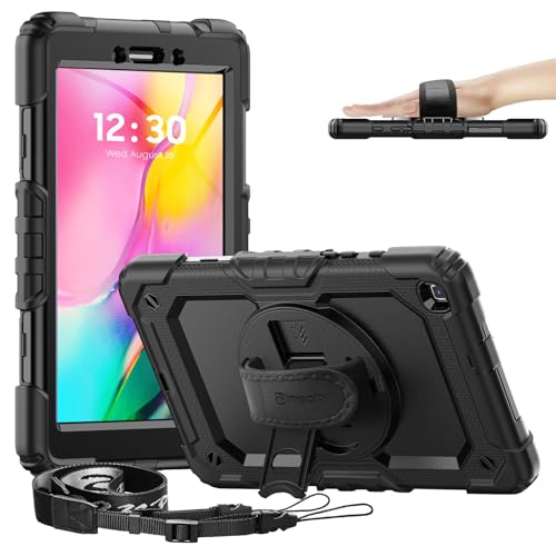 Timecity Case for Samsung Galaxy Tab A 8.0 2019 SM-T290/ T295/ T297, Full-Body Protective Case with Screen Protector, Swivel Stand/Handle Shoulder Strap Case for Kids Students, Black