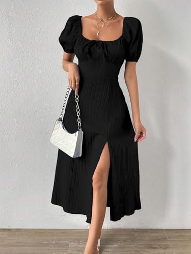 Image of Shasmi Women's & Girl's Tie Front Split Thigh Milkmaid Maxi Dress - Square Neck Puff Sleeve A-Line Long Dress, Elegant Casual & Parties Wear for Ledies (Dress 245)