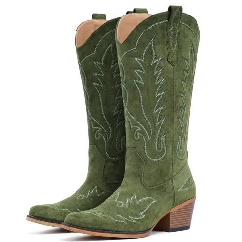 Fioralie Suede Cowboy Boots for Women Western Mid Calf Cowgirl Boots with Embroidered, Retro Snip Toe Fashion Boot With Chunky Block Heel Summer Fall Country Music Festival Cowboy Chic