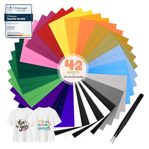 moinkerin 42 Piezas Vinilo Textil Termoadhesivo con Pinza Acero 30.5X20.5cm Vinilo para Textil,Todas las Máquinas de Corte para Camisetas Prendas de Vestir Sombreros Tejidos(20 Colores)