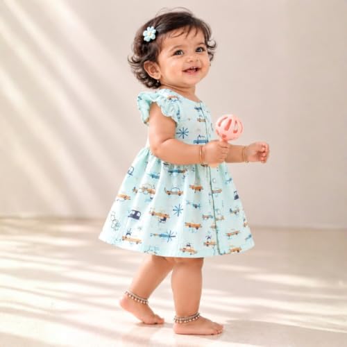Image of Lilimi Toddler Baby Girl Cotton Muslin Dress, Breathable Flutter Sleeve Button-Front Cute Frocks