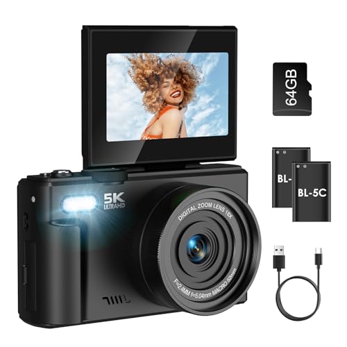 Nsyee Appareil photo numérique 4K, avec transfert Wi-Fi, caméra YouTube Vlog 64 MP, écran rabattable à 180 ° de 3 pouces, avec carte SD 64 Go, zoom numérique 18x, appareil photo compact cadeau pour