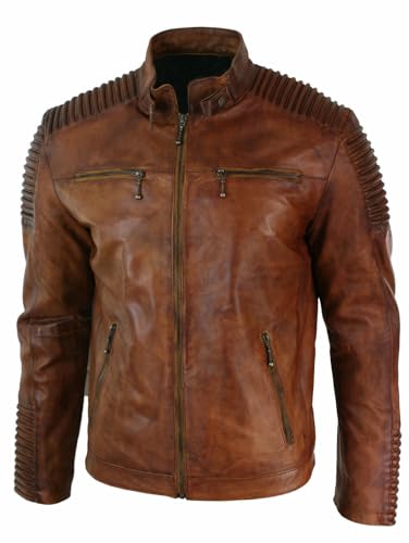 Image of Men's Leather Jacket Cafe Racer Biker Style Retro Stripes Jacket, Motorcycle Racing Leather Jacket (US, Alpha, Medium, Regular, Regular, S10) Brown Motorcycle Jacket