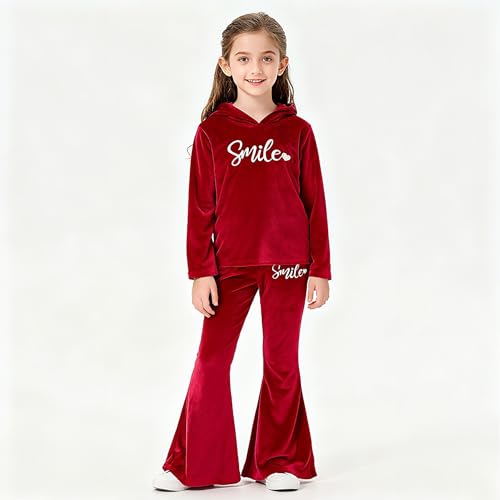 Image of 6-13 Years Girls Clothing Heart Print Hoodie Top + Heart Print Flare Leg Pants 2PC Clothing Set