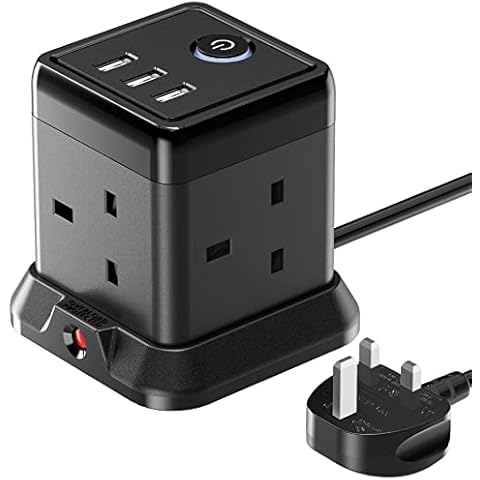 Hulker 3M Cube Extension Lead with 3 USB Slots 4 Gang Plug Extension Socket with Switch 4 Way Power Strip with 3 USB Port 3 Metre Extension Cable Black 13A 3250W for Home Dorm Office Cover