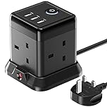 Hulker Cube Extension Lead 3m, 4 Way Plug Socket with Switch, Power Strip with 3 USB Ports, Compact 13A 3250W Extension Cable for Home Dorm Office (Black)