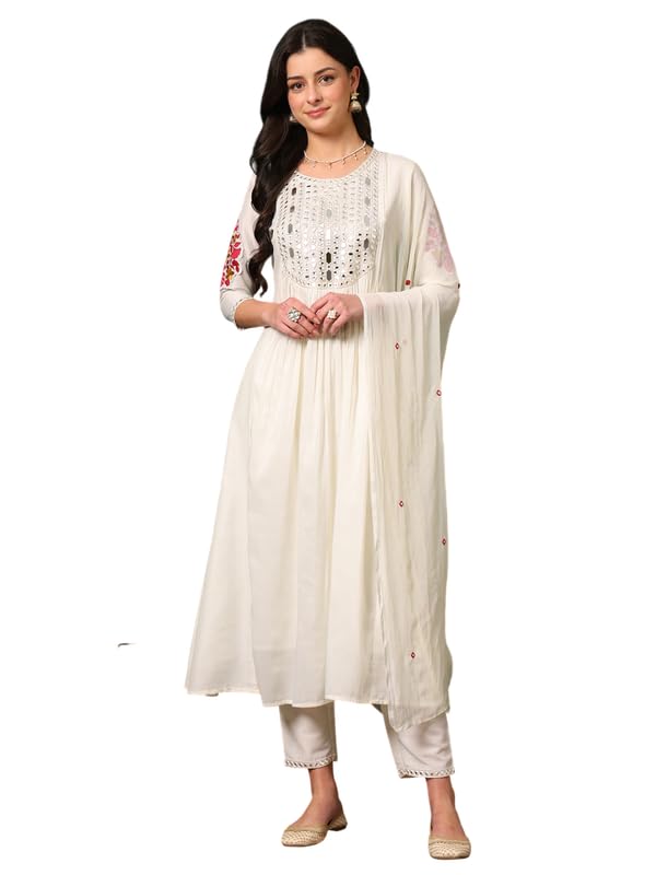 Image of NIVANA Stylish Womens Mirror Embroidered Kurta with Pant & Embroidered Dupatta | Lightweight & Breathable | Ethnic Traditional Outfit for Womens & Girls (White,S)