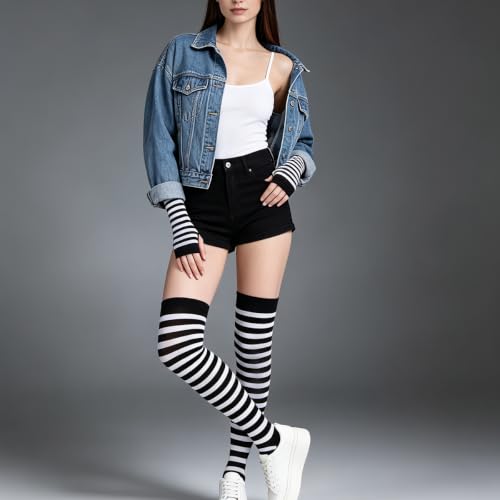 Image of YELAIVP Over Knee Rainbow Thigh High Socks Gloves Set Cosplay Accessories Arm Leg Warmers for Girls
