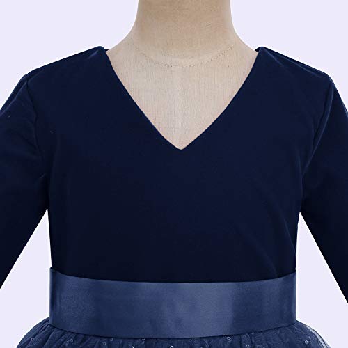 Flower Girl Lace V-Neck Velvet Sequins Communion Dresses For Kids Wedding Bridesmaid Party Pageant Long Tulle Dance Baptism Evening Floor Length Ball Gowns Velvet-Navy Sequined 4-5T #TOP3