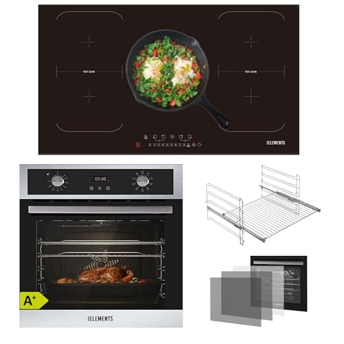KB ELEMENTS Juego de cocina autosuficiente, horno empotrable de 60 cm, 70 litros, placa de inducción de 5 zonas, 9 funciones, acristalamiento de protección térmica de 3 vías, función asador,