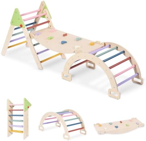 5 in 1 Wooden Pikler Triangle Set, Foldable Indoor Toddler Climbing Toys, Montessori Climbing Set for Baby with Arch, Ramp, Ladder, Jungle Gyms for Kids