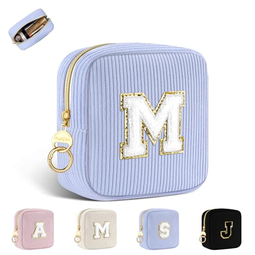 Neceser Personalizado Organizador Maquillaje para Niñas Mujer Inicial Bolsa de Cosméticos de Viaje de Tejido de Pana Multifuncional Bolso de Aseo Estuche Maquillaje Regalo Cumpleaño Navidad Azul M